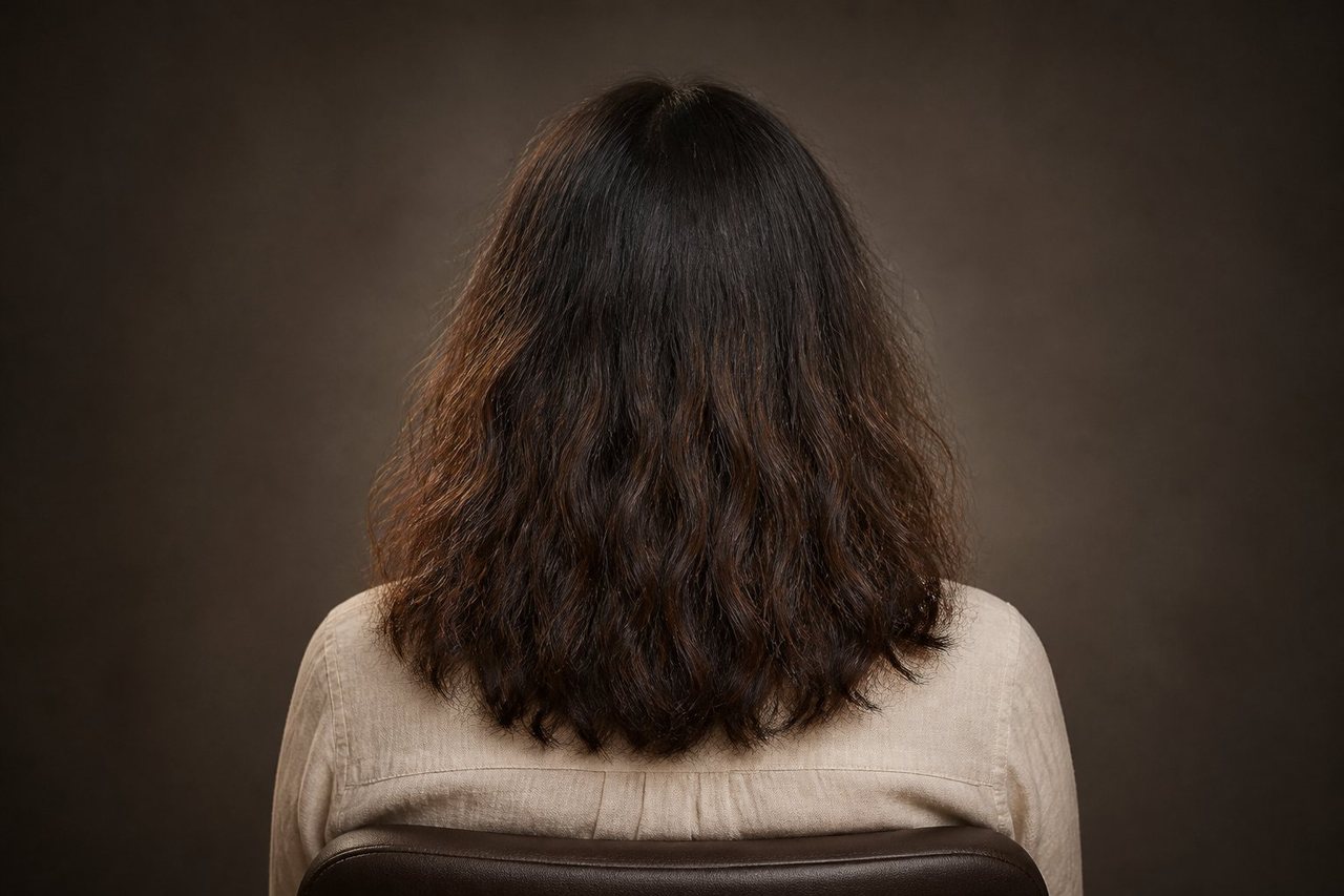 成熟女性自然波浪與毛躁髮況的 AI 概念示意